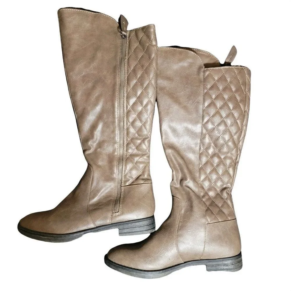 Bongo Womens Bailey Brown Checkered Faux Leather Thigh High Riding Boots Size 8M